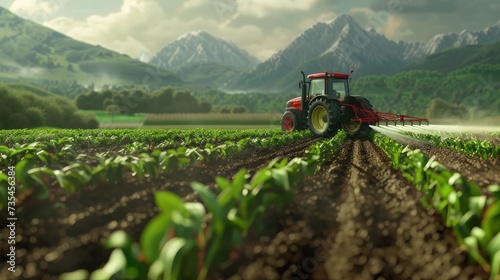 a tractor is cultivating a field to display modern technology with agricultural landscapes. spraying pesticides or attacking pests to demonstrate the effectiveness of modern farming methods.