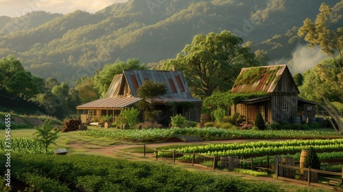 surrounding rural landscape, including lush greenery and rustic farm buildings, to provide context and enhance authenticity, conveying the idyllic charm of a rural eco-farm.
