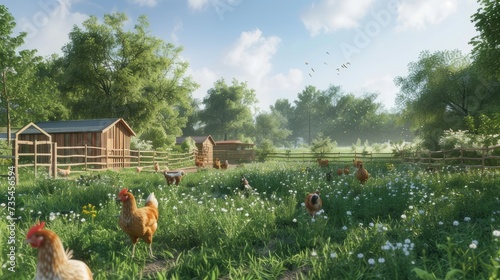 chickens in their natural habitat, showing their typical behavior such as pecking, scratching and interacting with each other to convey the authenticity of life on an organic farm.