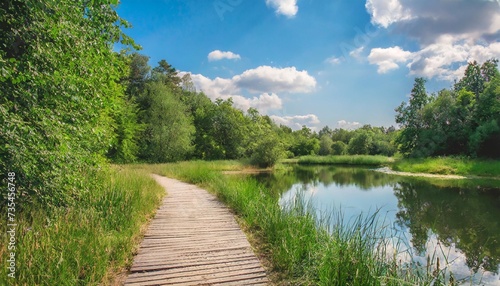 summer landscape photography of a small lake and path