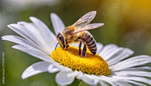 bee or honeybee sitting on a white daisy flower collecting nectar