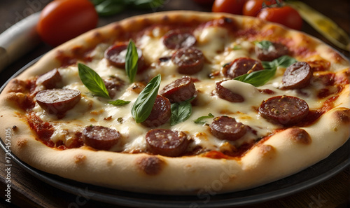 Pizza with sausage, herbs, spices and cheese