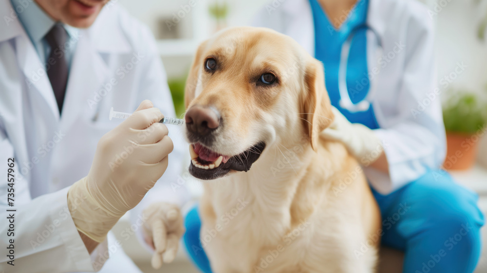Veterinarian giving an injection to a white dog during inspection of ...