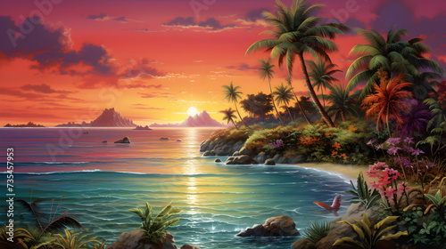 A sunset on the beach with palm trees and the ocean in the background.,, Sunset in the beach art background