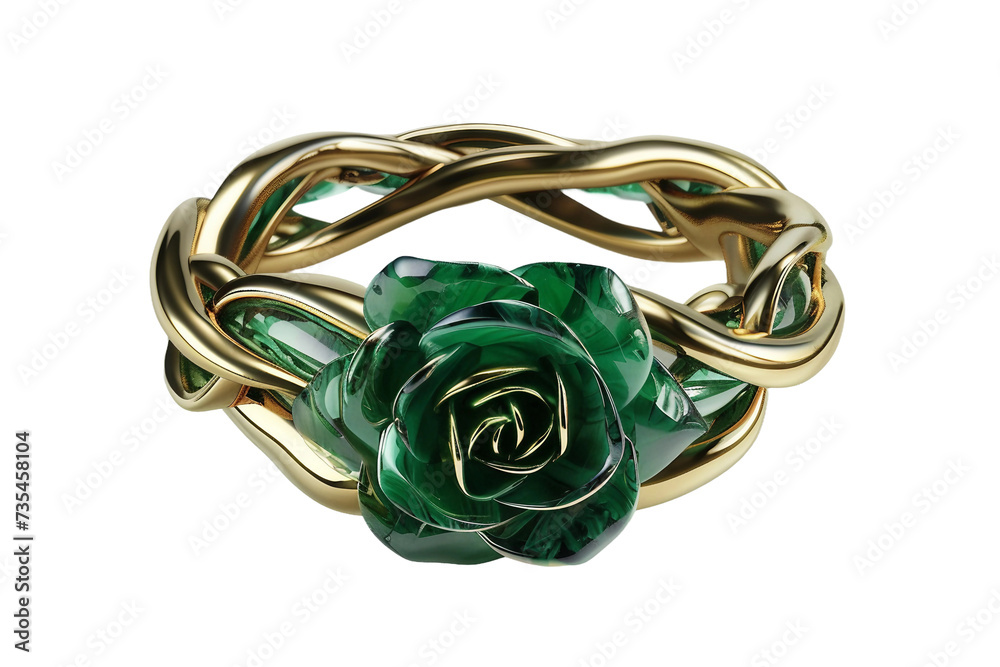 Deep Green Gold Ring with Rose Flower on Transparent Background