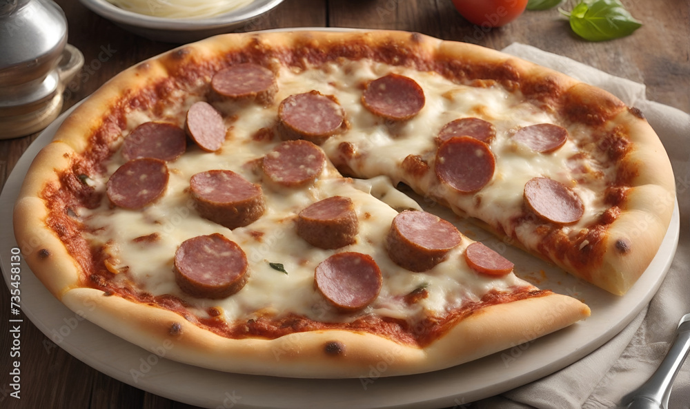 Pizza with sausage, herbs, spices and cheese Pizza with sausage, herbs, spices and cheese