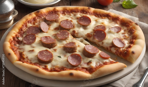 Pizza with sausage, herbs, spices and cheese