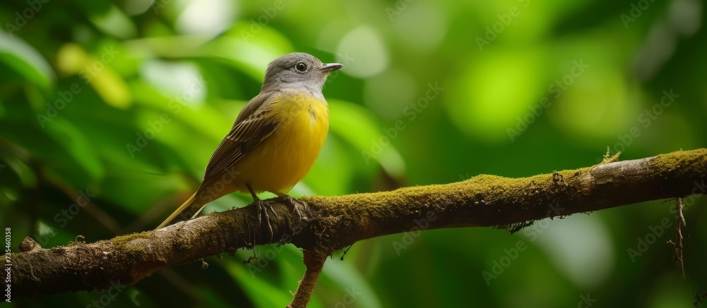 A beautiful small bird perched on a leafy branch in a lush green forest environment A beautiful small bird perched on a leafy branch in a lush green forest environment
