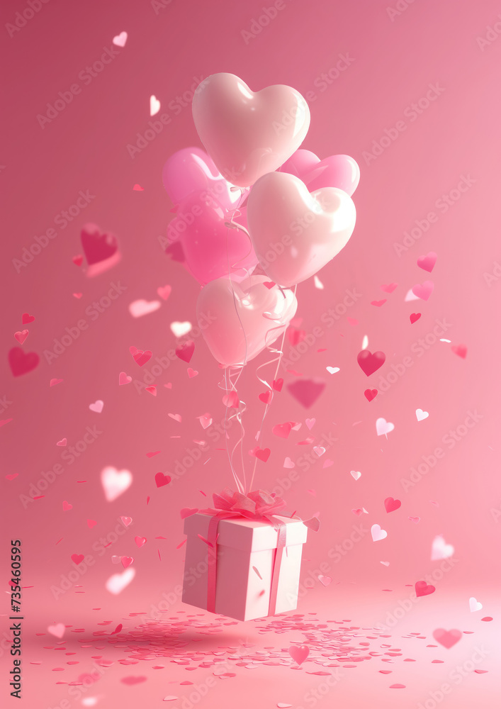 Heart shaped baloons fly out of a gift box on Saint Valentines day and solid pink neutral background