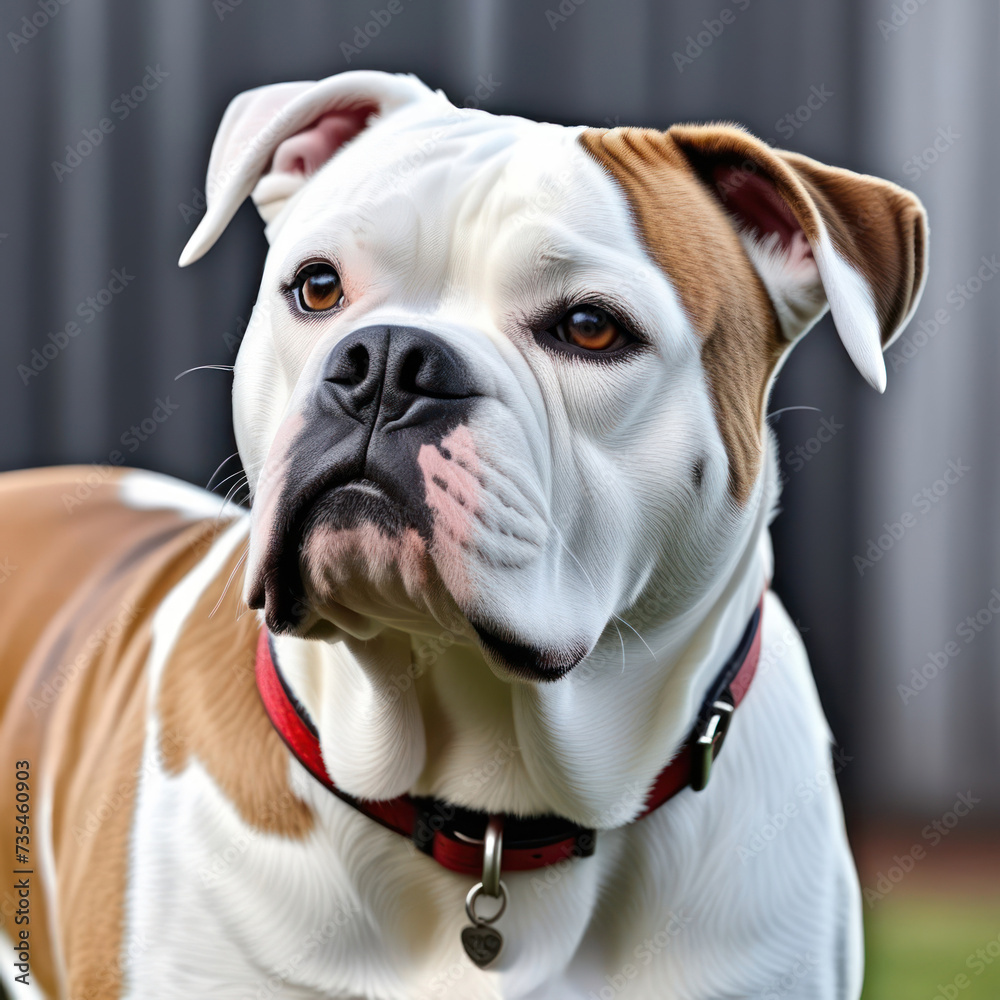 Portrait of stocky, strong-looking American Bulldog in the yard of the house or park.