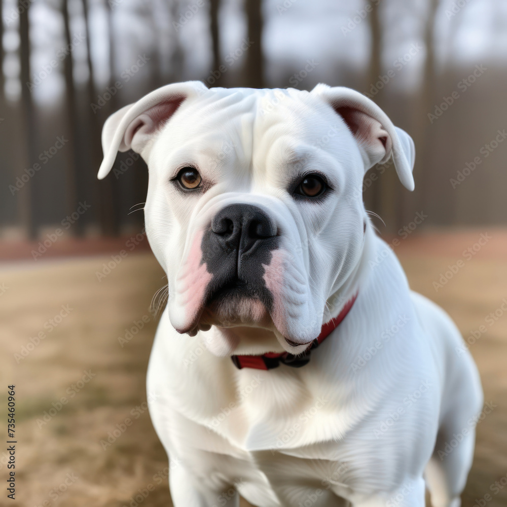 Portrait of stocky, strong-looking American Bulldog in the yard of the house or park. Portrait of stocky, strong-looking American Bulldog in the yard of the house or park.