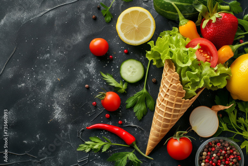 Ice cream cone topped with fresh vegetables and lemon presented in a flat lay style Copy space image Place for adding text or design. Vegan healthy eating conceptual still life. Healthy fresh vegetabl photo