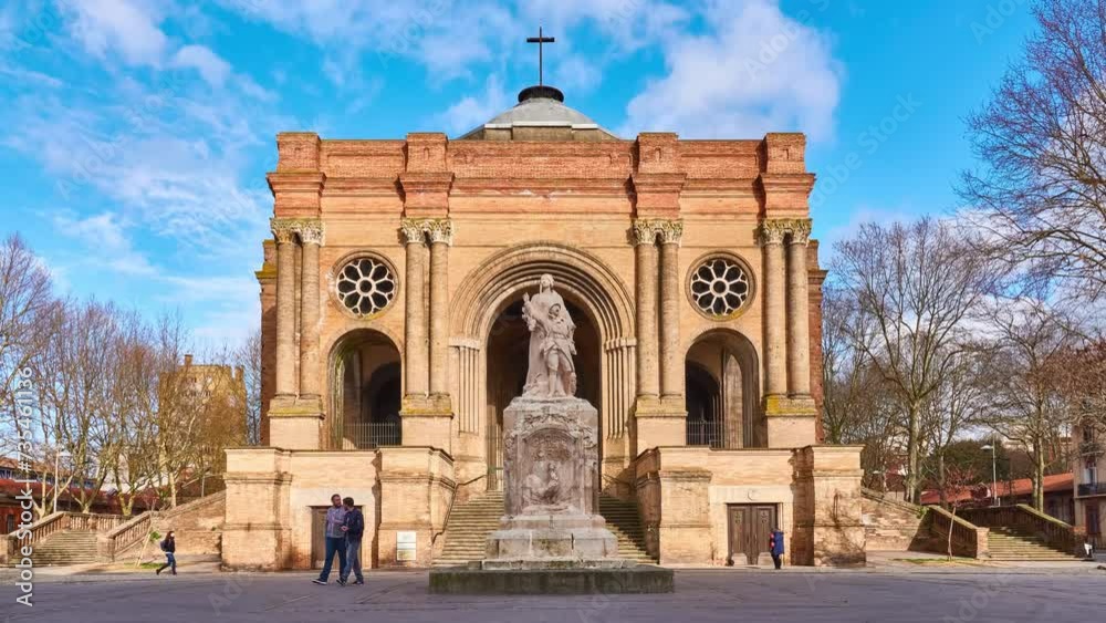 Timelapse Saint-Aubin church in Toulouse, France. It was built in 1847 by architect Jean-Marie-Therese-Auguste Delort on an old cemetery in style that combines Gothic, Romanesque and Byzantine arts. Timelapse Saint-Aubin church in Toulouse, France. It was built in 1847 by architect Jean-Marie-Therese-Auguste Delort on an old cemetery in style that combines Gothic, Romanesque and Byzantine arts.