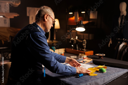 Professional elderly tailor working with sewing materials to customize bespoken sartorial garments for comissioning client in atelier shop. Senior couturier manufacturing clothing in workspace photo