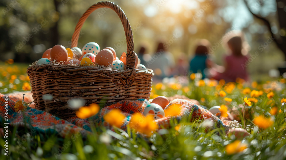 Easter picnic with a basket of eggs on a sunny day in the park. Family gathering for Easter with a colorful egg basket on a spring blanket.