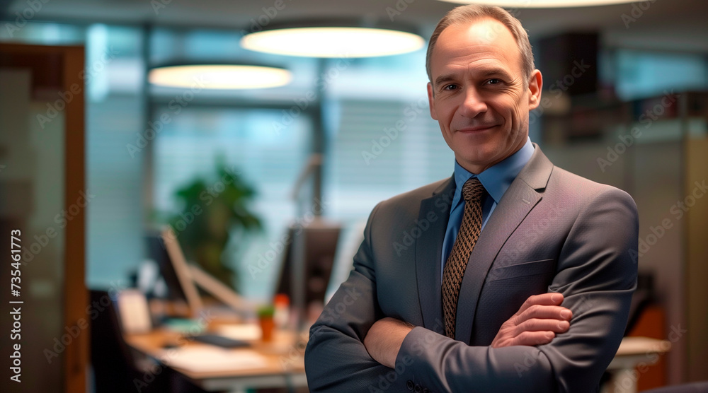 Happy middle aged business man ceo standing in office arms crossed. Smiling mature confident professional executive manager, proud lawyer, businessman leader Happy middle aged business man ceo standing in office arms crossed. Smiling mature confident professional executive manager, proud lawyer, businessman leader
