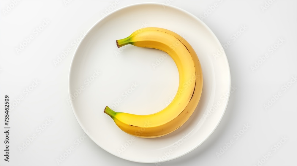 banana, on a white round plate, on a white background, top view banana, on a white round plate, on a white background, top view