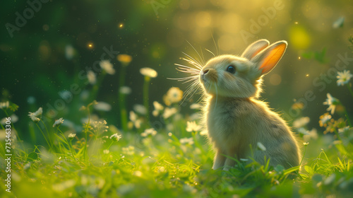 A small rabbit sits on a green meadow with flowers and grass