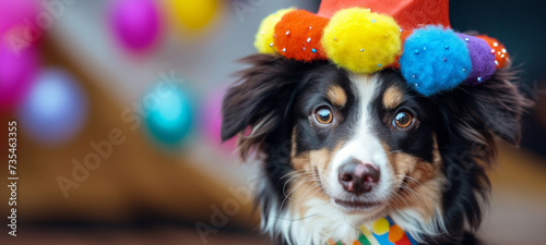 dog wearing birthday hat. Birthday Dog. Happy cute scruffy dog celebrating with birthday party hat, blue background with copy space to side. Funny party dog wearing colorful hat © Nataliia_Trushchenko