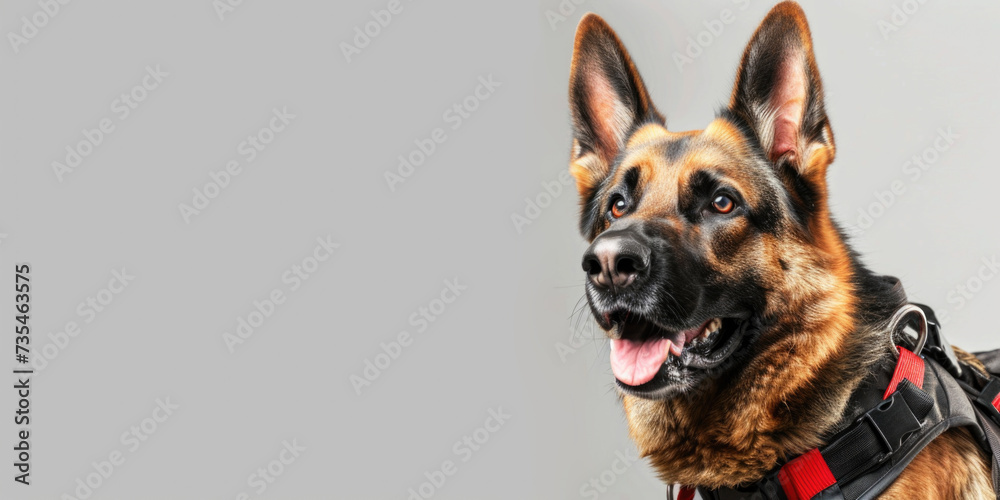 Search and rescue dog on an empty gray background with copy space