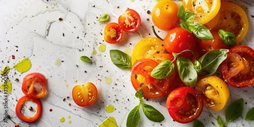 Sliced       tomatoes and herbs in olive oil on a light marble background with copy space