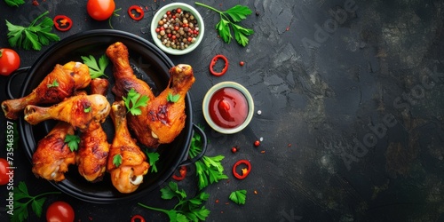 Fried chicken legs with sauce and herbs in a frying pan on a dark stone background with space for text, top view