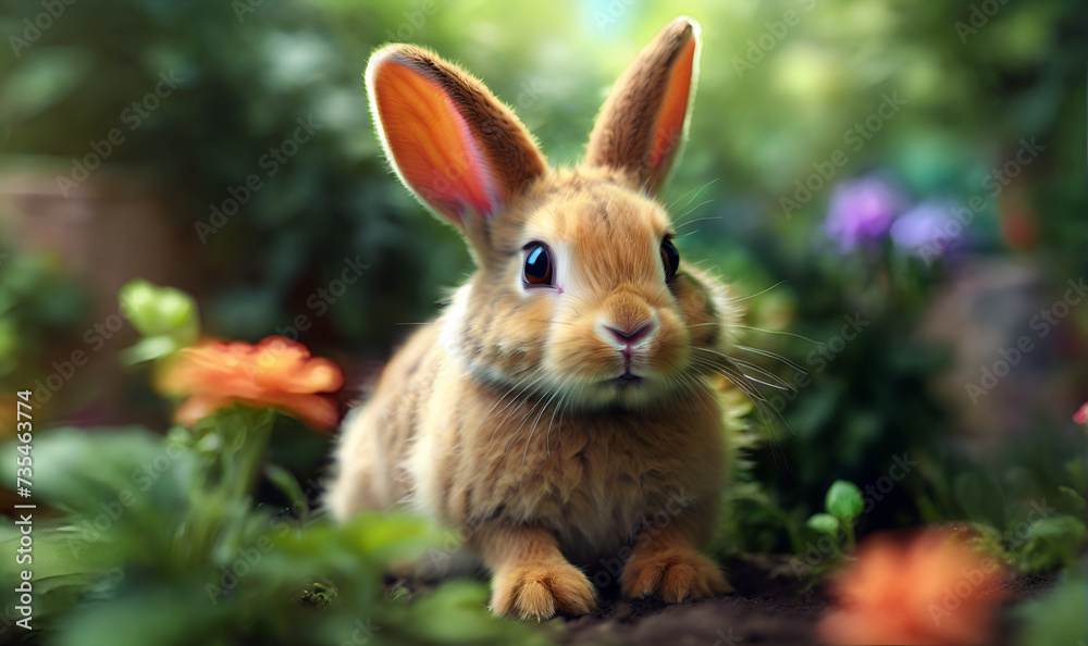 A rabbit in the garden among flowers and green shrubs A rabbit in the garden among flowers and green shrubs