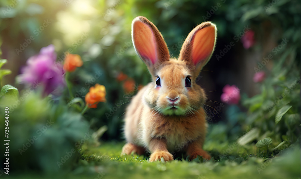A rabbit in the garden among flowers and green shrubs A rabbit in the garden among flowers and green shrubs
