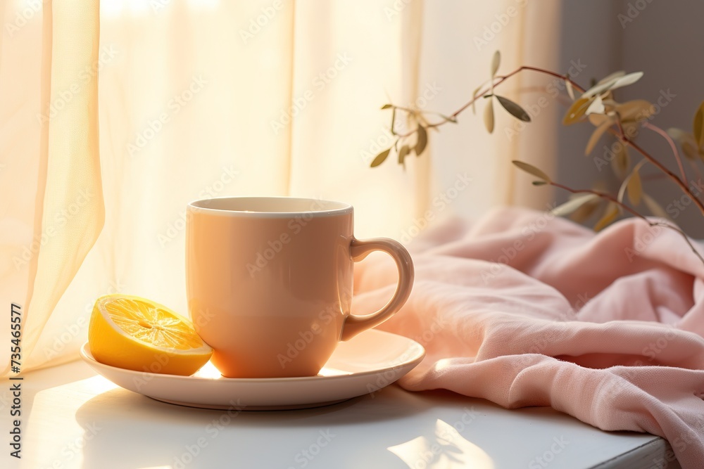 Coffee mug with cloth on wooden table near window.