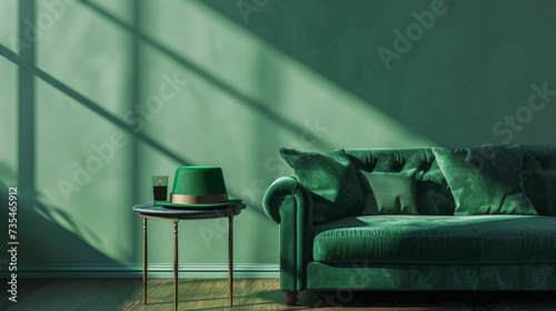 Salón en tonos verdes decorado con sofá y mesita del mismo color,  conteniendo un sombrero verde y una vaso con zumo, con iluminación lateral cruzada photo