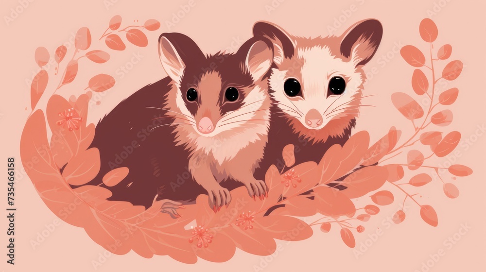 Lots of minimalist illustrations with possums in Copper Rose color.