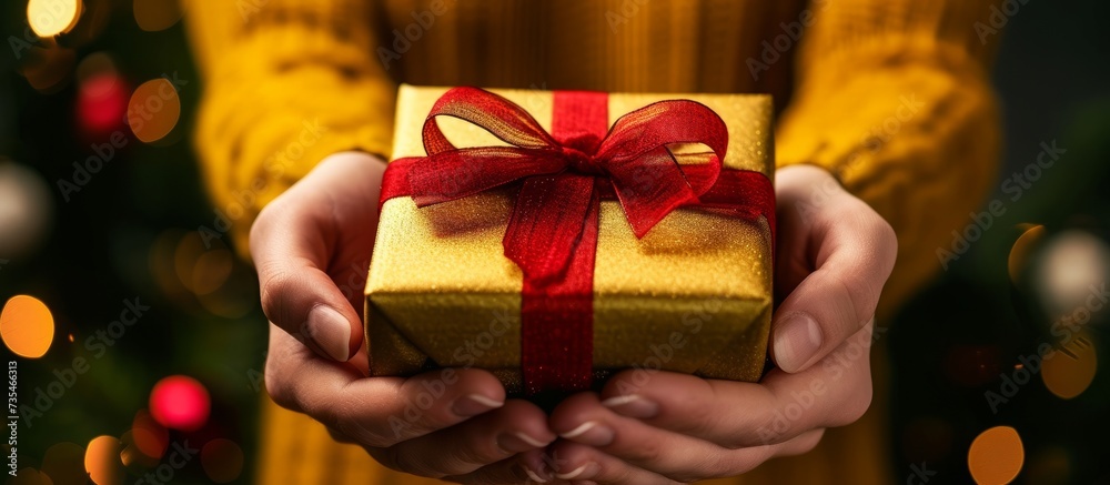 Joyful person holding a beautifully wrapped present box with a vibrant red ribbon