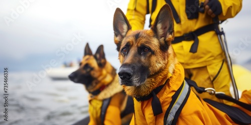 Search and rescue dogs on a boat sail with a team on a mission. Banner with copy space