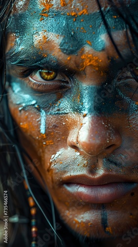A Native American Indian looks on with serenity and determination in a stunning portrait, maintaining protective vigilance. Native American Indian with ancestral connection to the land.