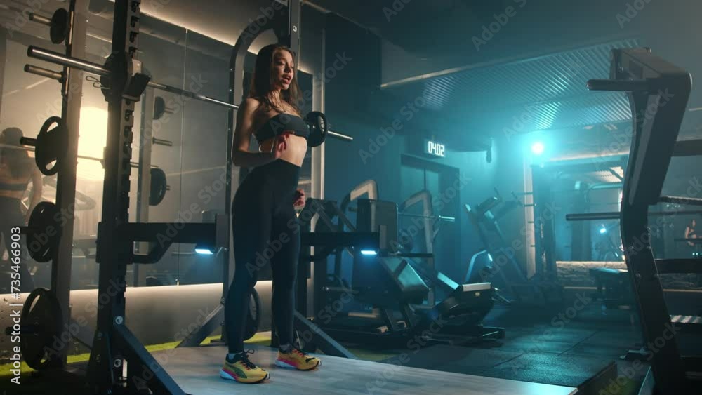 A cheerful sportswoman dances and sings along to her favorite tunes, moving fluidly by the barbell rack in the gym, illuminated by captivating lighting. Camera 8K RAW. A cheerful sportswoman dances and sings along to her favorite tunes, moving fluidly by the barbell rack in the gym, illuminated by captivating lighting. Camera 8K RAW.