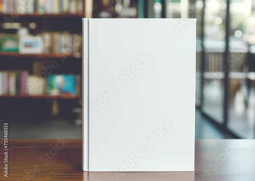 Advertising close up mockup shot of book stands on wooden coffee table and many books at the background