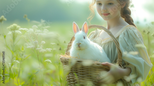 Girl holding a basket with a rabbit in her hands