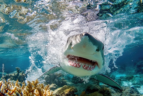 Menacing beauty: underwater world with the shark predator, a captivating glimpse into the fierce, powerful, and mysterious realm of marine life, where danger and elegance coexist