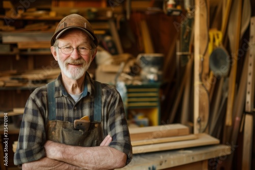 Skilled Carpenter  Proud Male Craftsman Stands at Woodworking Shop  Smiling at His Handiwork