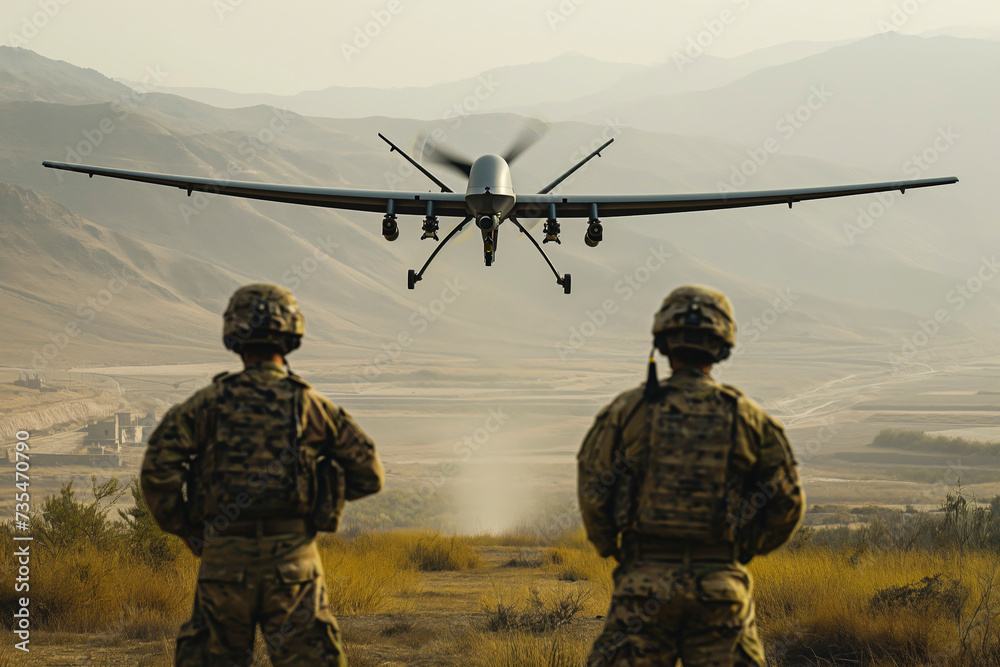 Fototapeta premium Two soldiers with their backs to the camera launch a full-size military combat drone into flight, ready for a critical mission