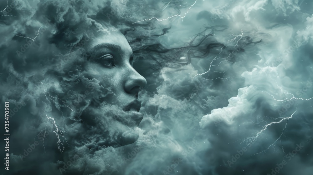 A woman's serene face is illuminated by the chaotic beauty of nature's thunderous clouds and lightning A woman's serene face is illuminated by the chaotic beauty of nature's thunderous clouds and lightning