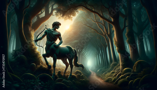 illustration of a centaur, a mythological creature, set in an ancient forest at dawn