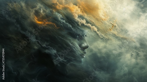 A mesmerizing portrait of a woman's face amidst a tempestuous sky, her features painted with the raw power and beauty of nature's wrath © ChaoticMind