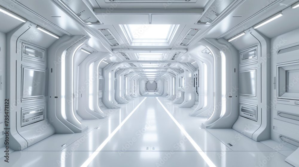 Spaceship hallway interior background, white corridor in starship or space station with control panels. Perspective inside room of futuristic spacecraft. Concept of future, hall Spaceship hallway interior background, white corridor in starship or space station with control panels. Perspective inside room of futuristic spacecraft. Concept of future, hall