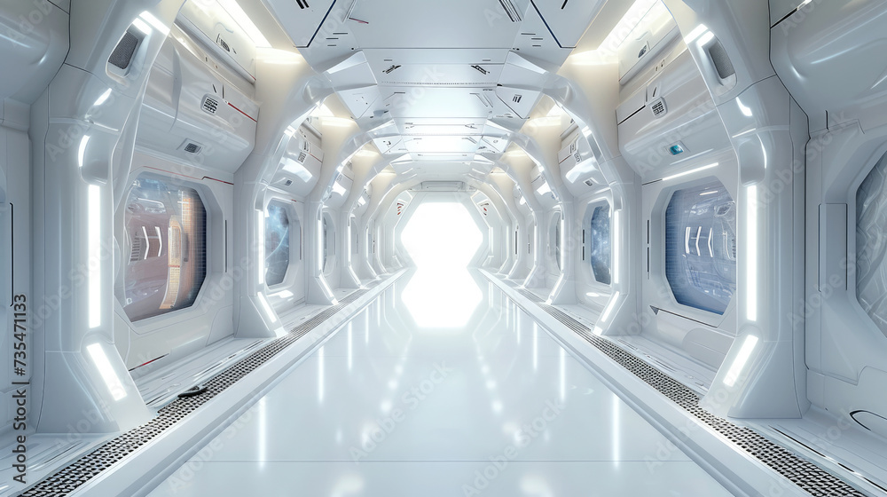 Spaceship hallway interior background, white corridor in starship or space station with control panels. Perspective inside room of futuristic spacecraft. Concept of technology, future Spaceship hallway interior background, white corridor in starship or space station with control panels. Perspective inside room of futuristic spacecraft. Concept of technology, future
