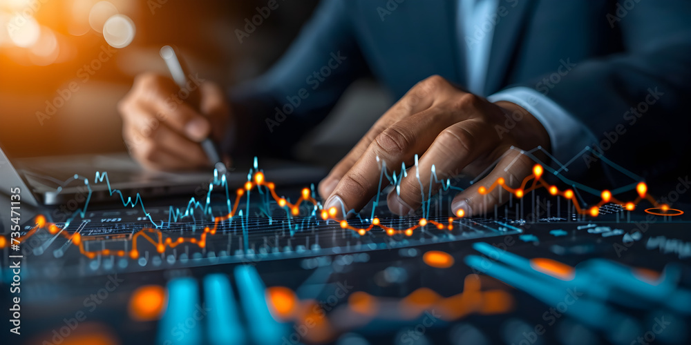 Businessman analysis calculates financial data of growth for long-term investments with digital graph and profitability of companies with positive indicators for development to success - obrazy, fototapety, plakaty 