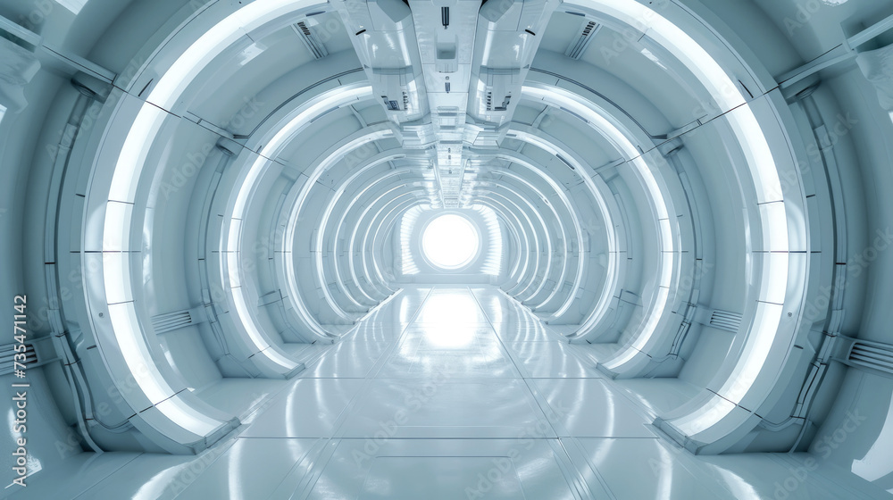 Spaceship hallway interior background, light blue corridor in starship or space station. Perspective inside long room of futuristic spacecraft. Concept of technology, ship, future