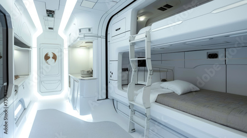 Room with bunk bed in spaceship, interior design of starship. Living compartment for crew or passengers in futuristic spacecraft. Concept of space, technology, travel, scifi, future. © Natalya