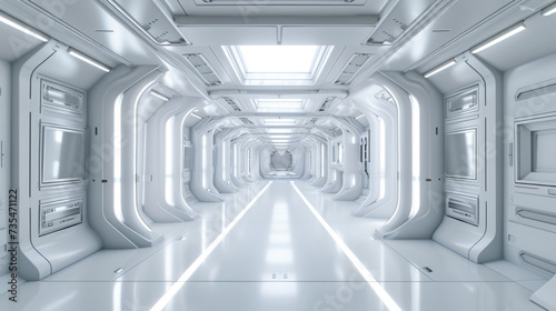 Spaceship hallway interior background, white corridor in starship or space station with control panels. Perspective inside room of futuristic spacecraft. Concept of future, hall