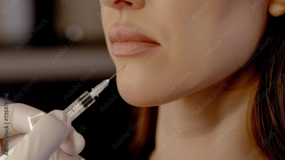 An indoor closeup of a woman's face as a makeup artist expertly applies lipstick and brushes on eyelashes, revealing flawless skin enhanced by a botox injection